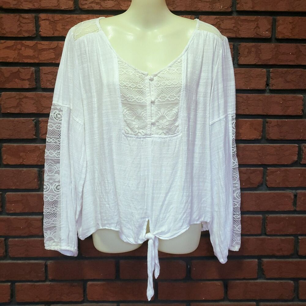 Lacy Popover Peasant Top XL Cream Lace Sleeve Boho Bohemian Festival Tie Waist